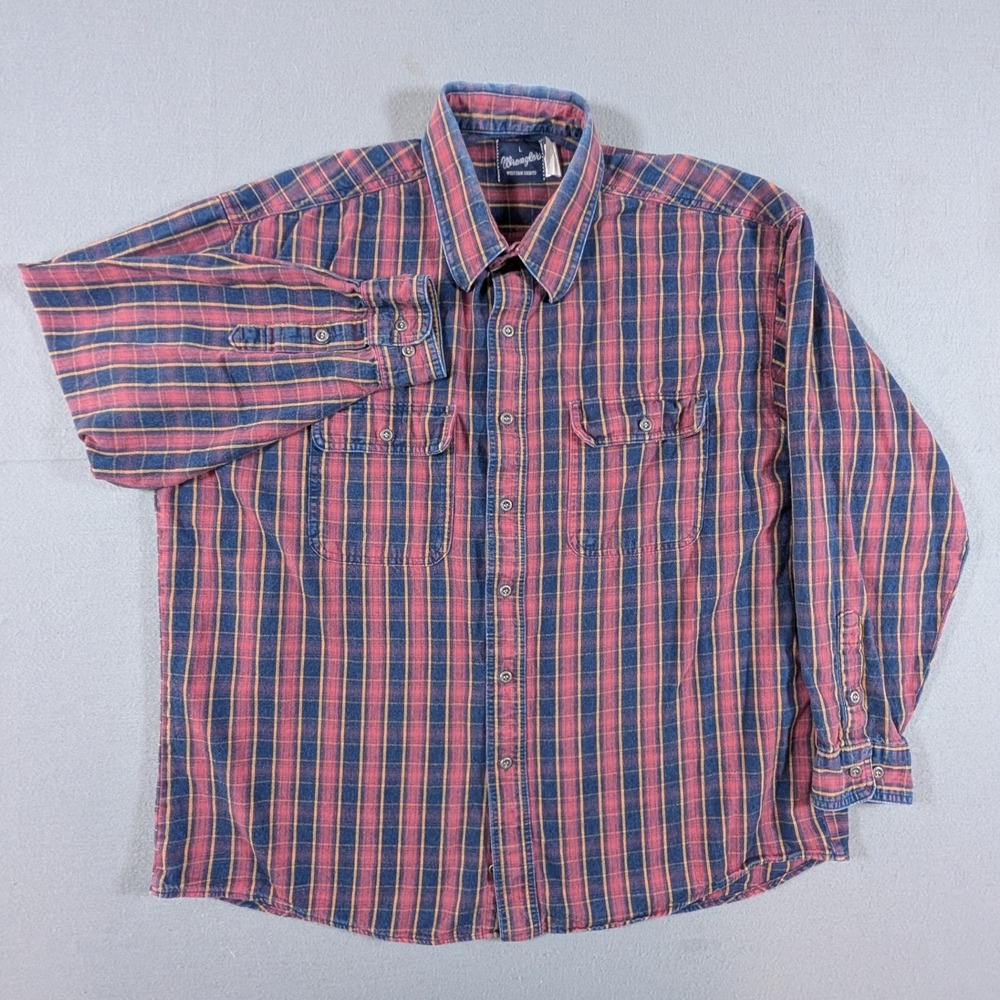 Wrangler Western Shirt Mens Large Red Blue Plaid Long Sleeve Button Down Vintage - Picture 2 of 7
